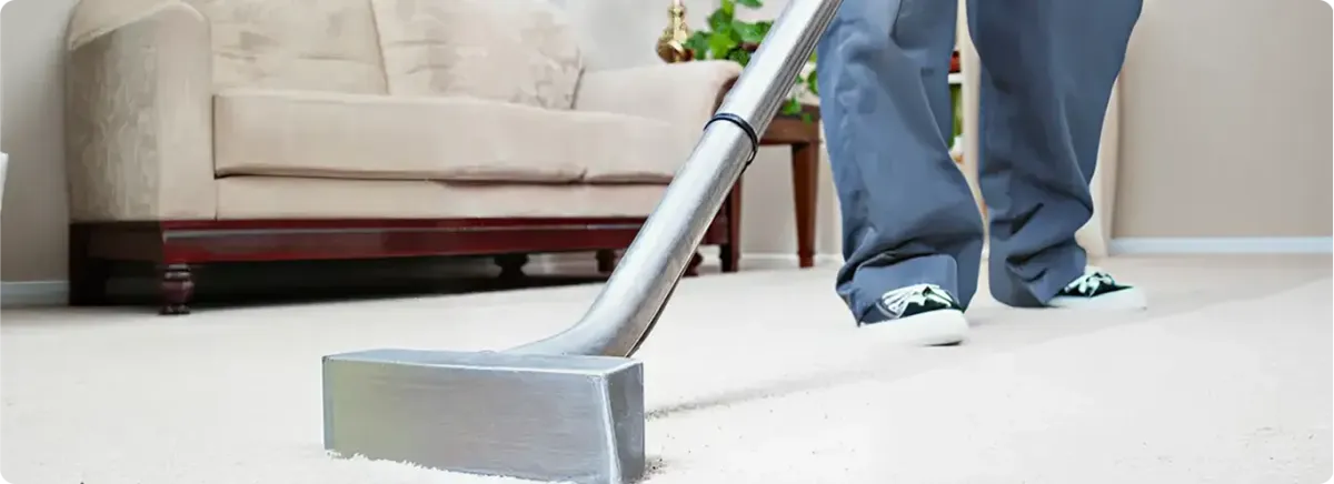 Carpet cleaning technician using a hot-water extraction wand on a light-colored carpet in a living room, Henderson, NV.